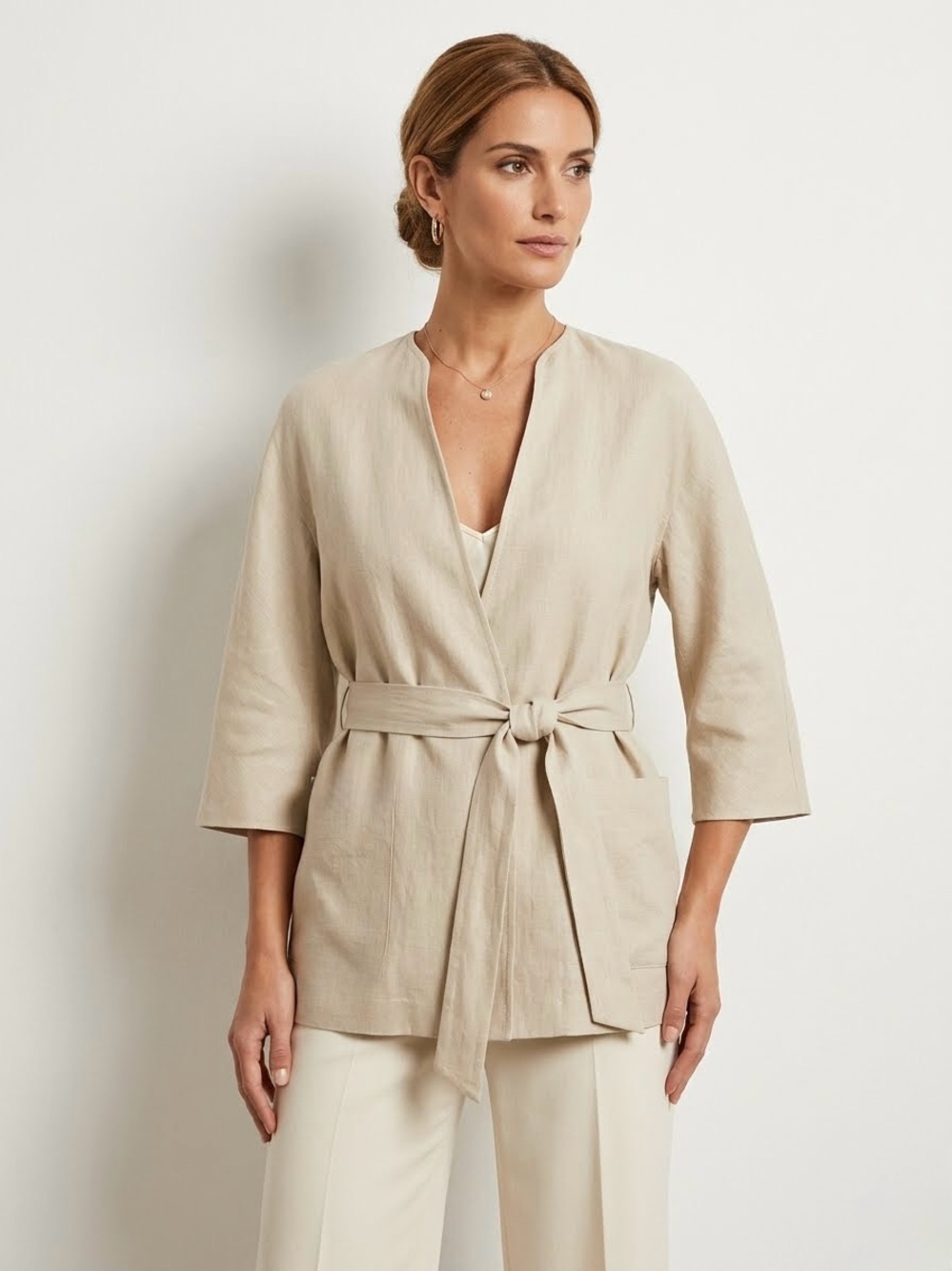 Weekend Max Mara Minimalist Linen Blend Belted Kimono Wrap Jacket, Beige Size 12